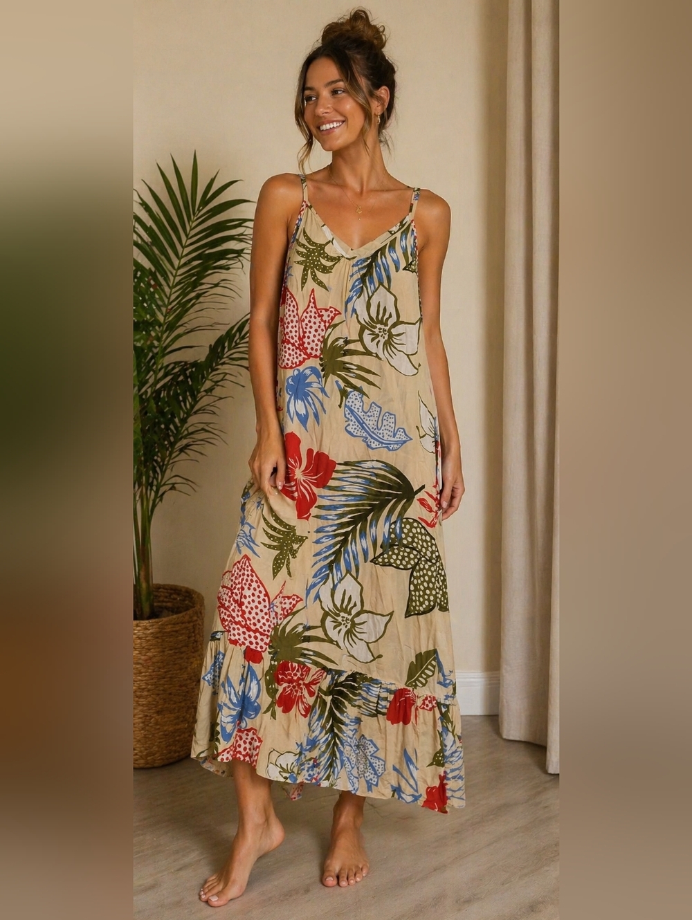 Tropical Print Tiered Maxi Dress